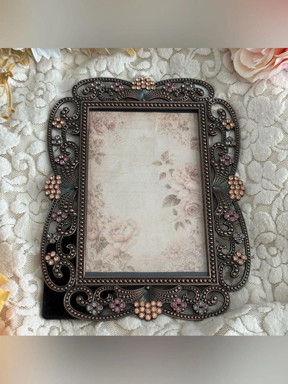 Romantic Jeweled Picture Frame Ornate Metal Scroll Rhinestone Photo Frame